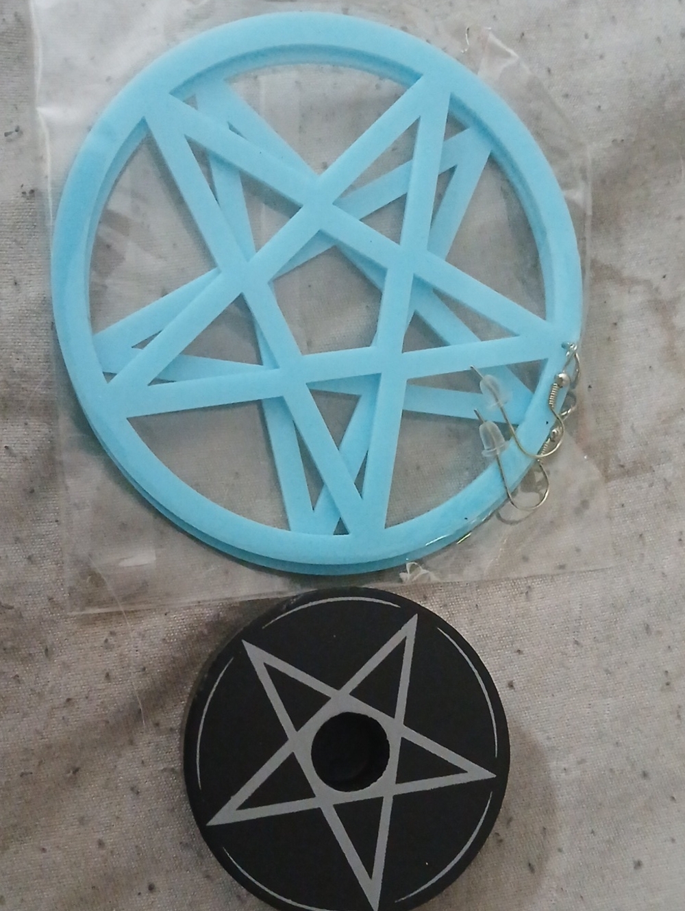 Light Blue Pentagram Earrings And Pentagram Incense Burner